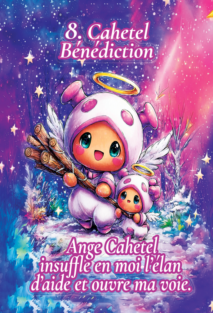illustration carte ange chibi symboles spirituels et énergie lumineuse